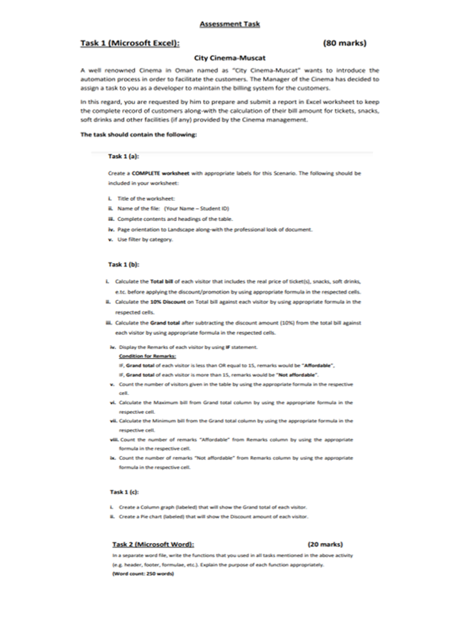  Assessment Task Task 1 (Microsoft Excel): (80 marks) City Cinema-Muscat A