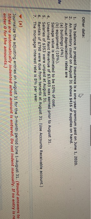 on June 1 with eight air-conditioned units. Its trial balance on August