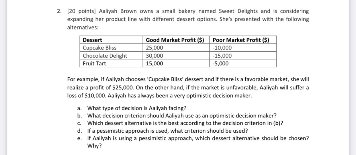  [20 points] Aaliyah Brown owns a small bakery named Sweet Delights