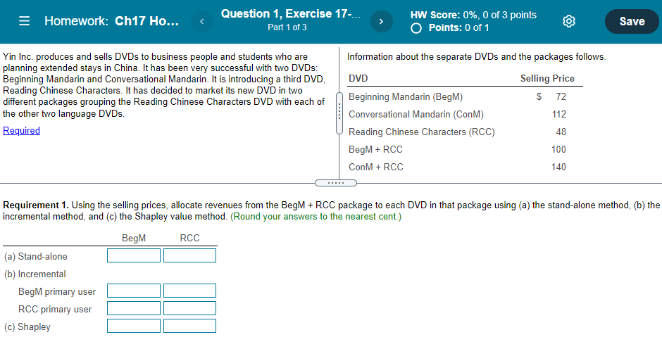 = Homework: Ch17 Ho... Question 1, Exercise 17-... Part 1 of