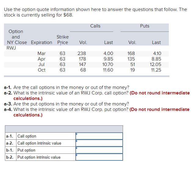  Use the option quote information shown here to answer the questions
