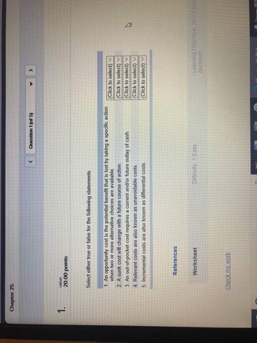  value 20.00 points Select either true or false for the following