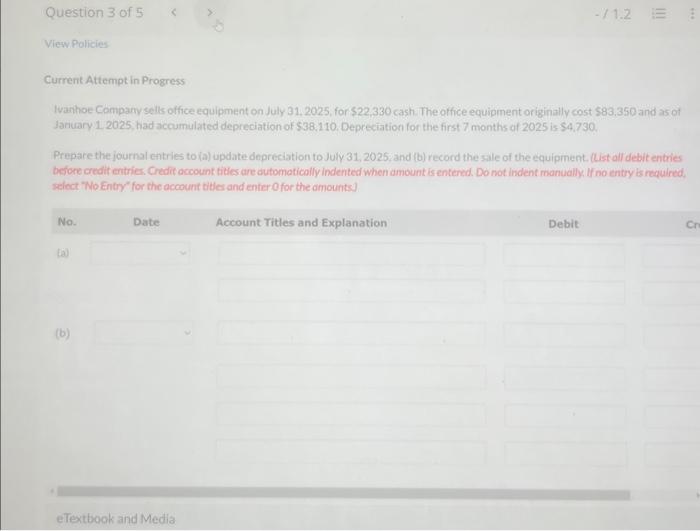 in Progress Ivanhoe Company sells office equipment on July 31,2025, for $22,330
