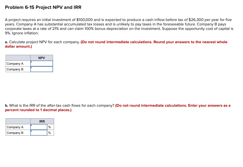  Problem 6-15 Project NPV and IRR A project requires an initial