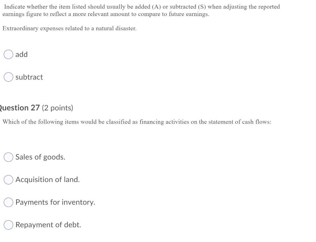 Indicate whether the item listed should usually be added (A) or