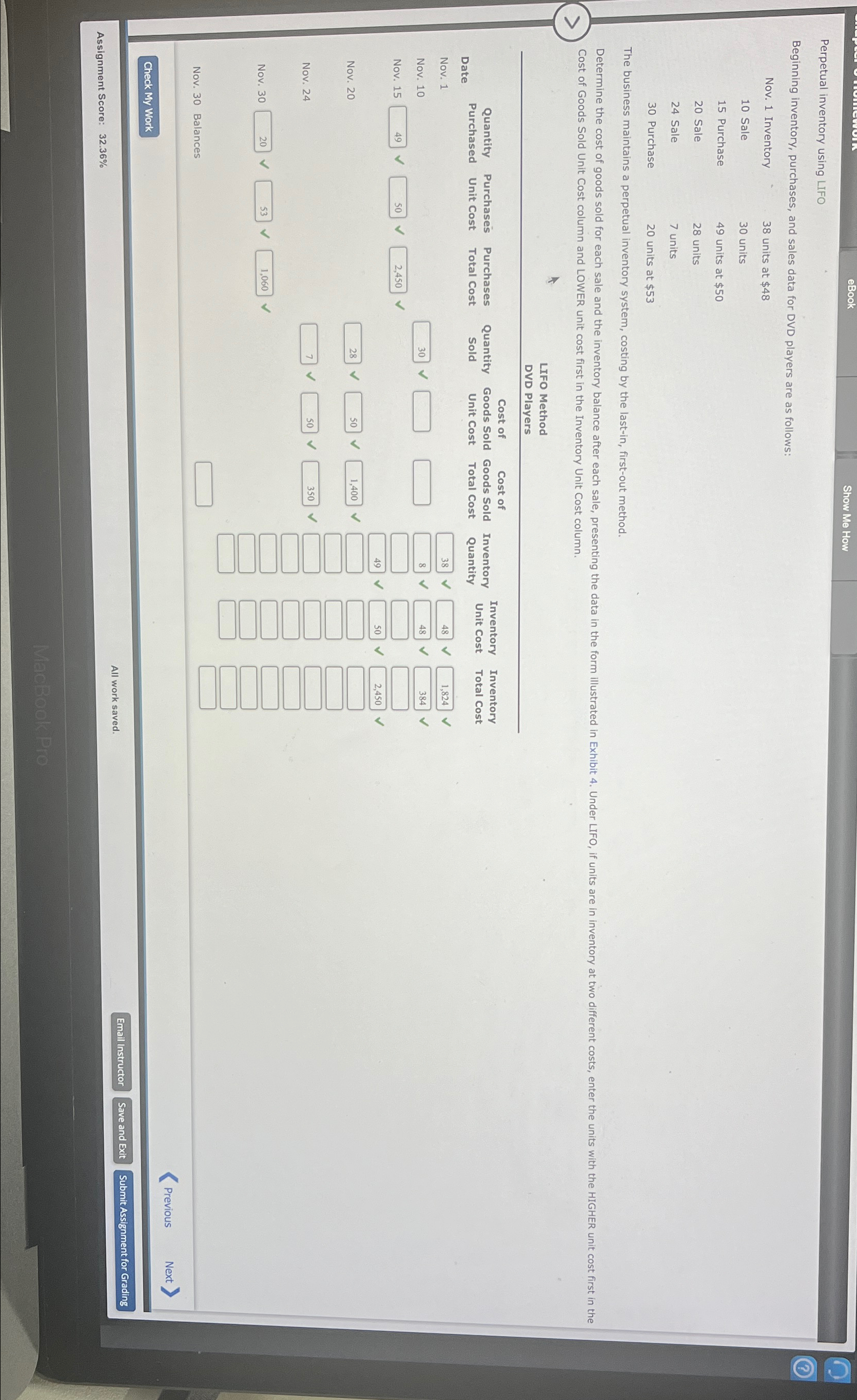 Perpetual inventory using LIFO Beginning inventory, purchases, and sales data for