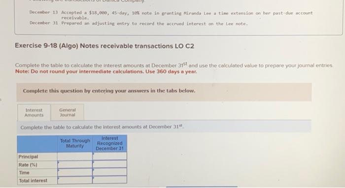  December 13 Accepted a $18,000, 45-day, 104 note in granting Miranda