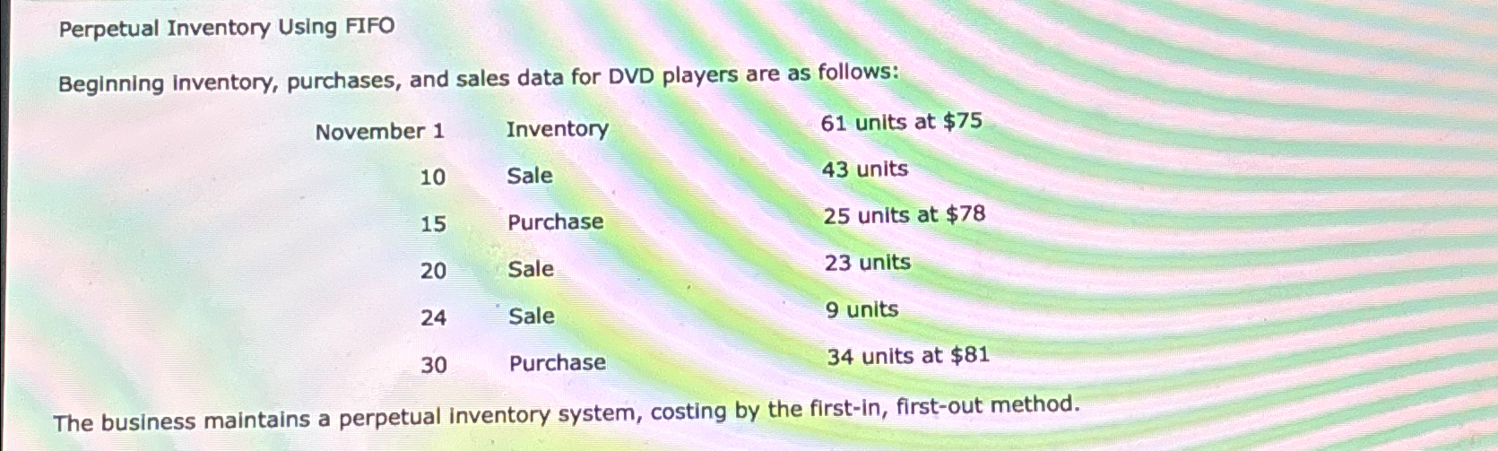  Perpetual Inventory Using FIFO Beginning inventory, purchases, and sales data for