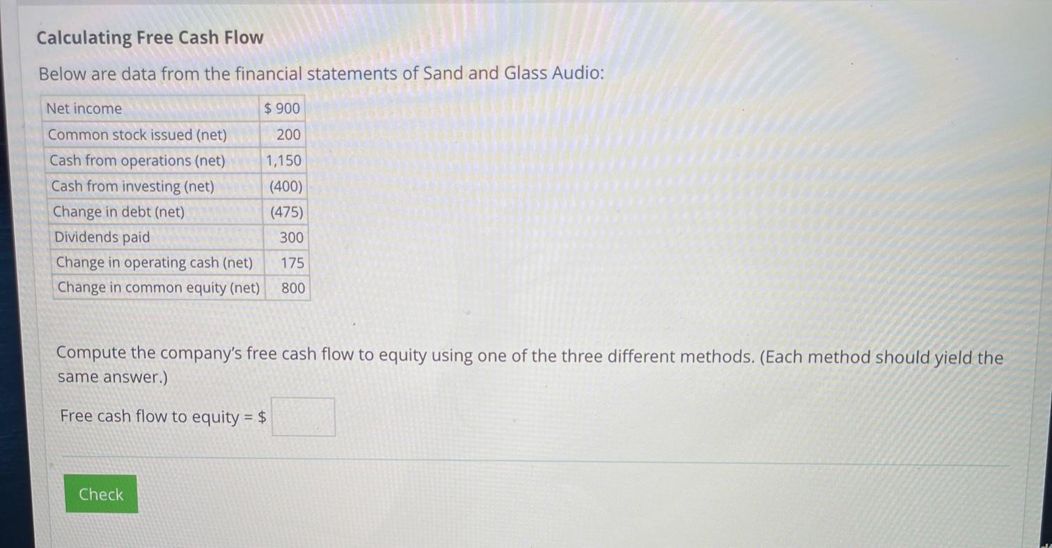  Calculating Free Cash Flow Below are data from the financial statements