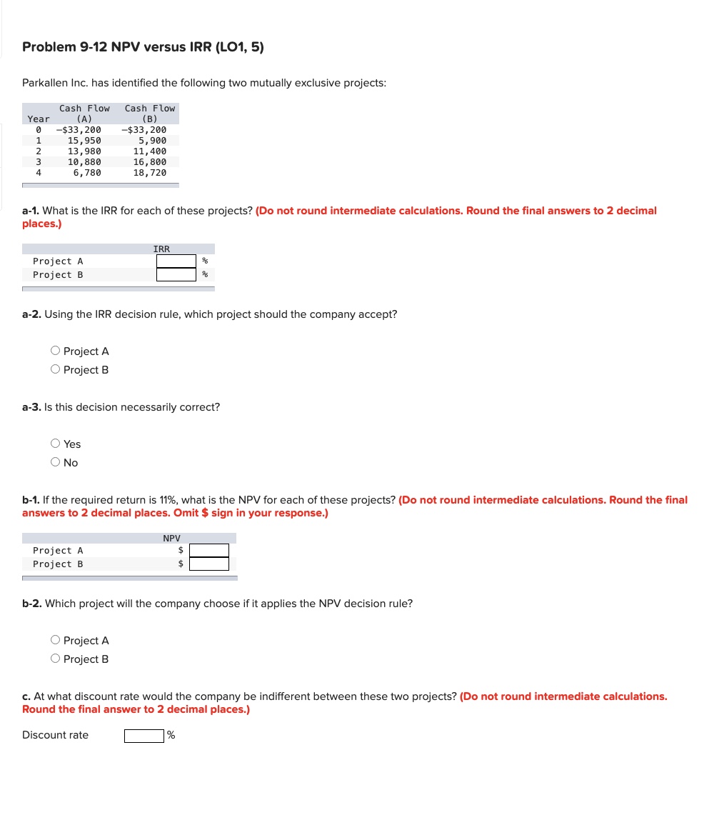  Problem 9-12 NPV versus IRR (LO1,5) Parkallen Inc. has identified the