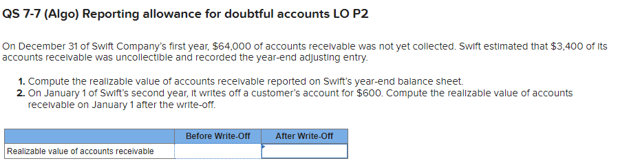  QS 7-7(Algo) Reporting allowance for doubtful accounts LO P2 On December