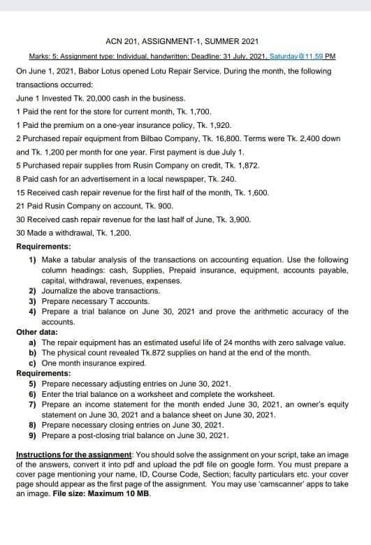  please answer from 5 to 9 ACN 201, ASSIGNMENT-1, SUMMER 2021