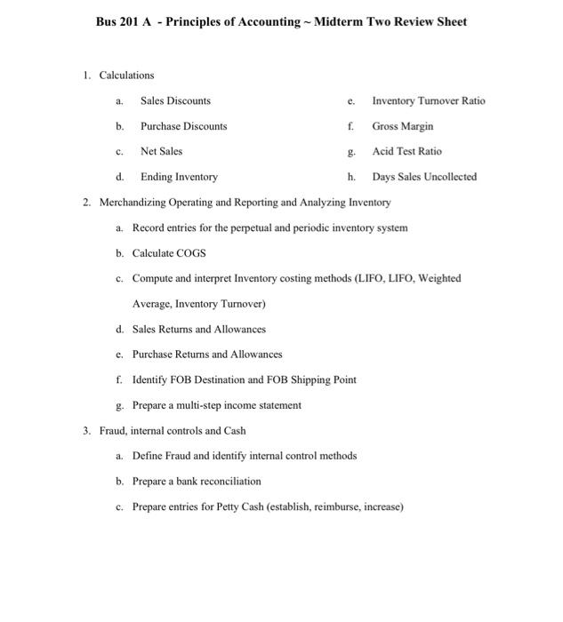 I need a study guide mostly of formulas and in tables. Bus