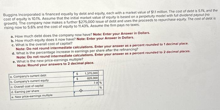 can't figure out d and e Buggins Incorporated is financed equally by