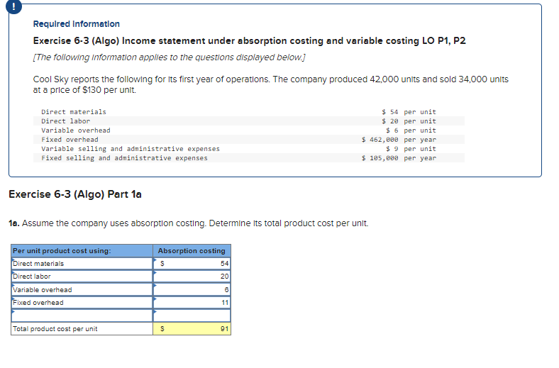  Required Information Exercise 6.3 (Algo) Income statement under absorption costing and