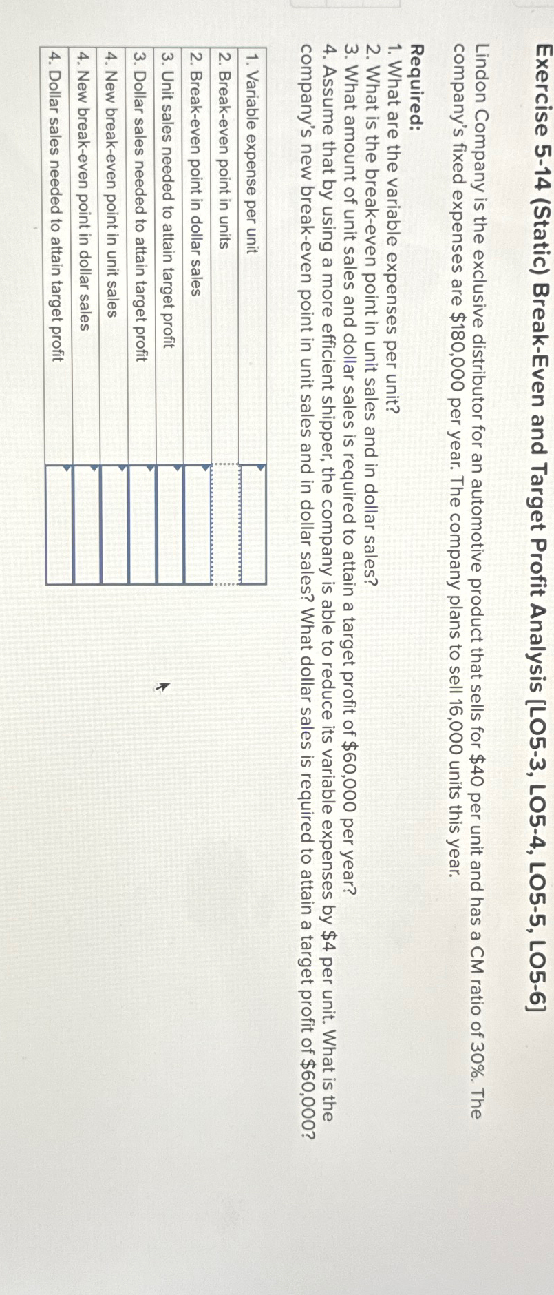  Exercise 5-14(Static) Break-Even and Target Profit Analysis [LO5-3, LO5-4, LO5-5, LO5-6]