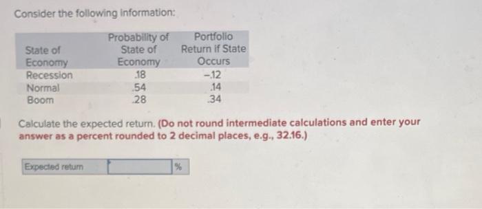  Consider the following information: Calculate the expected return. (Do not round