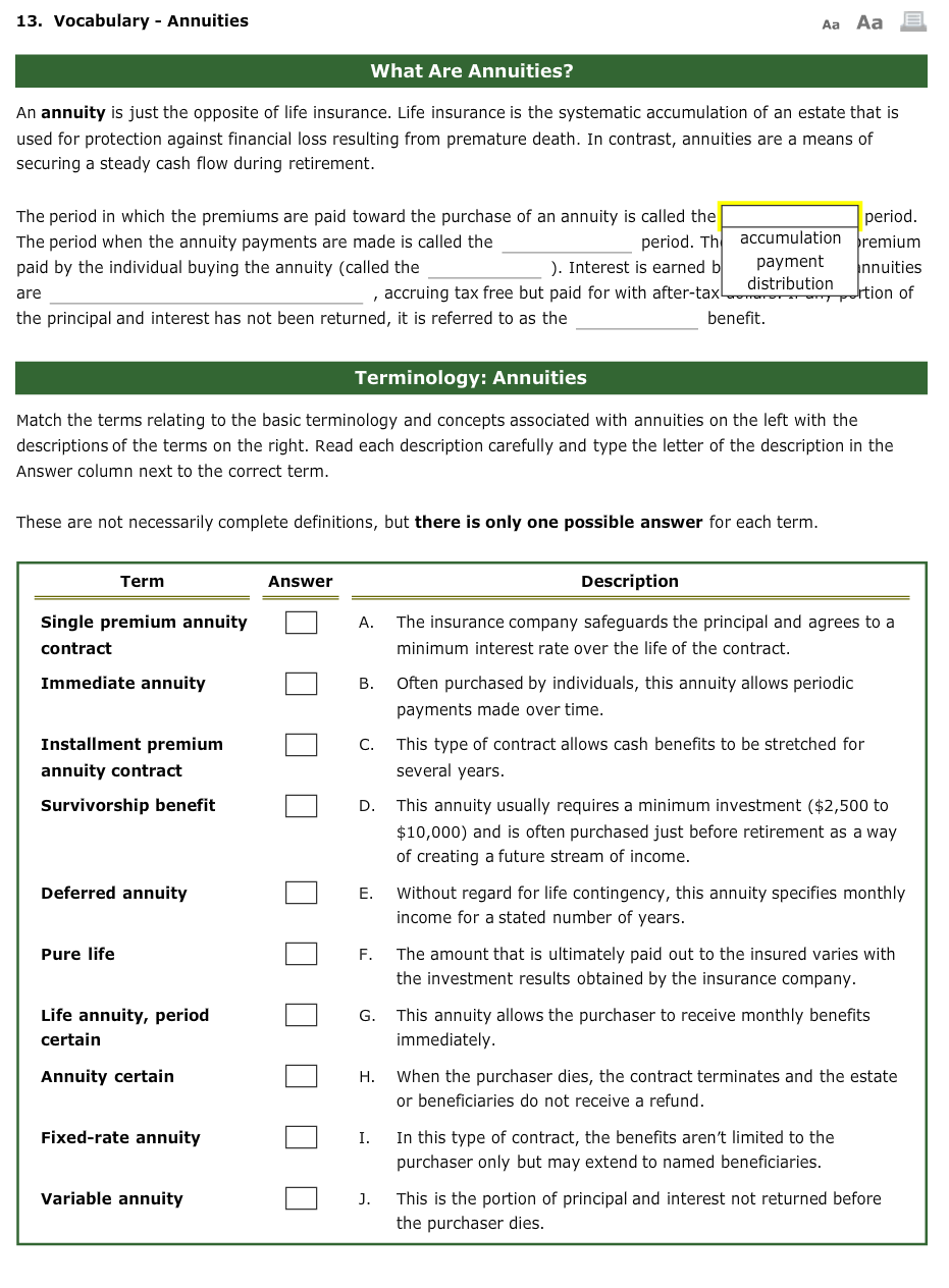  13. Vocabulary - Annuities Aa Aa E What Are Annuities? An