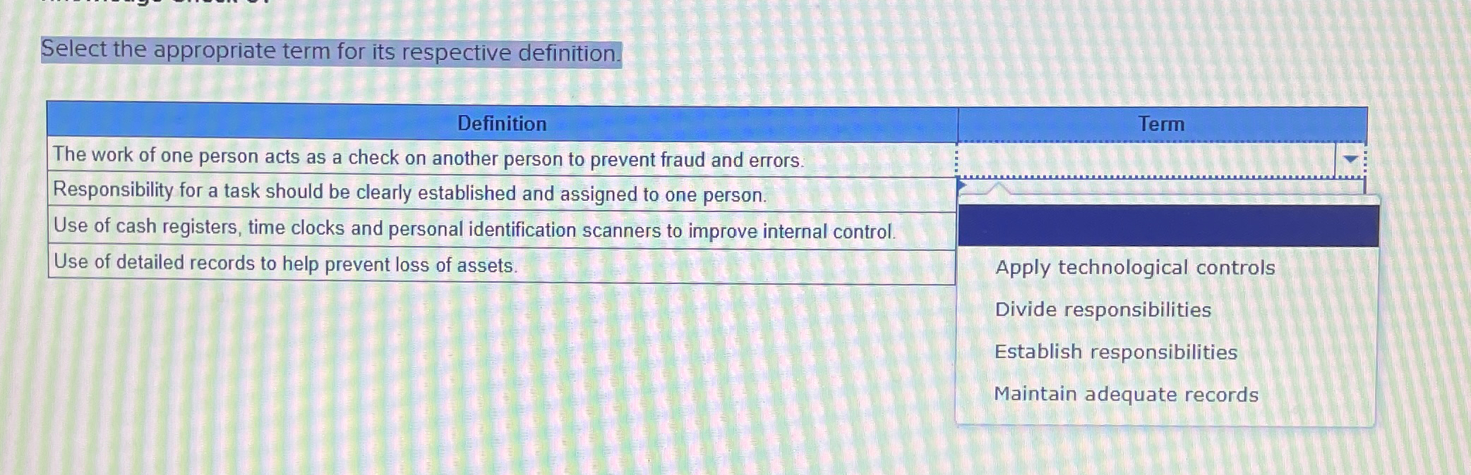  Select the appropriate term for its respective definition. \table[[Definition,Term],[The work of