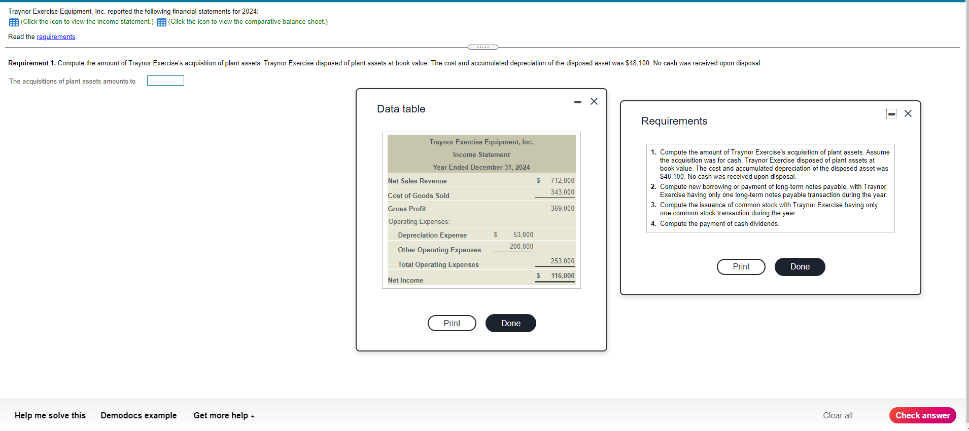 This question has 4 requirements Traynor Exercise Equipment, Inc. reported the following
