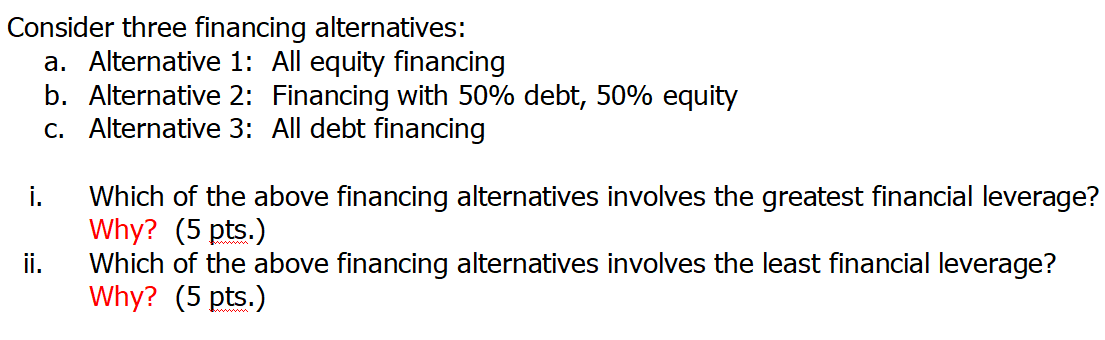 Consider three financing alternatives: a. Alternative 1: All equity financing b.