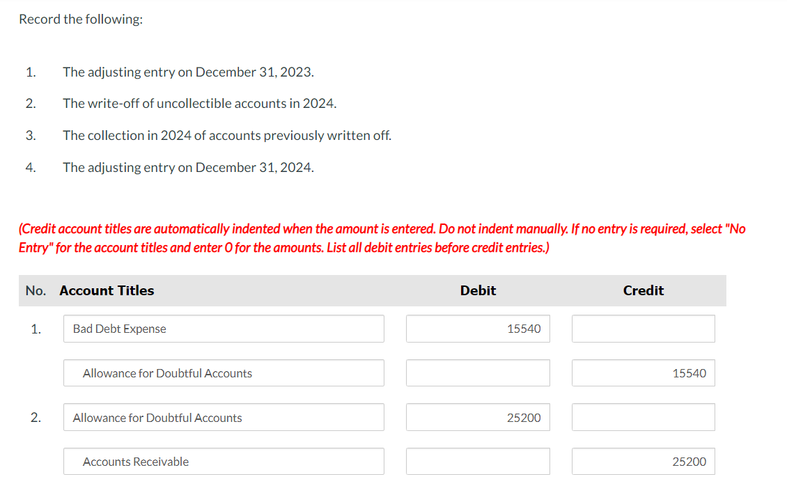 $2,900 of accounts previously written off was collected. Record the following: 1.