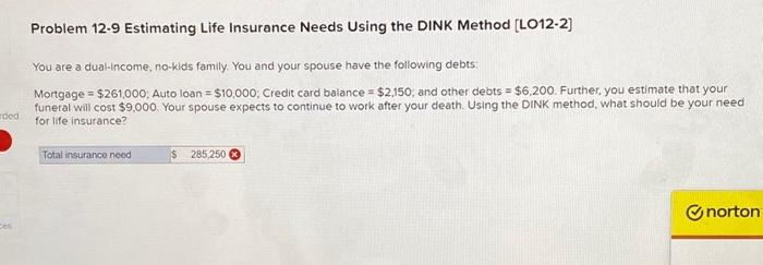  Problem 12-9 Estimating Life Insurance Needs Using the DINK Method [LO12-2]