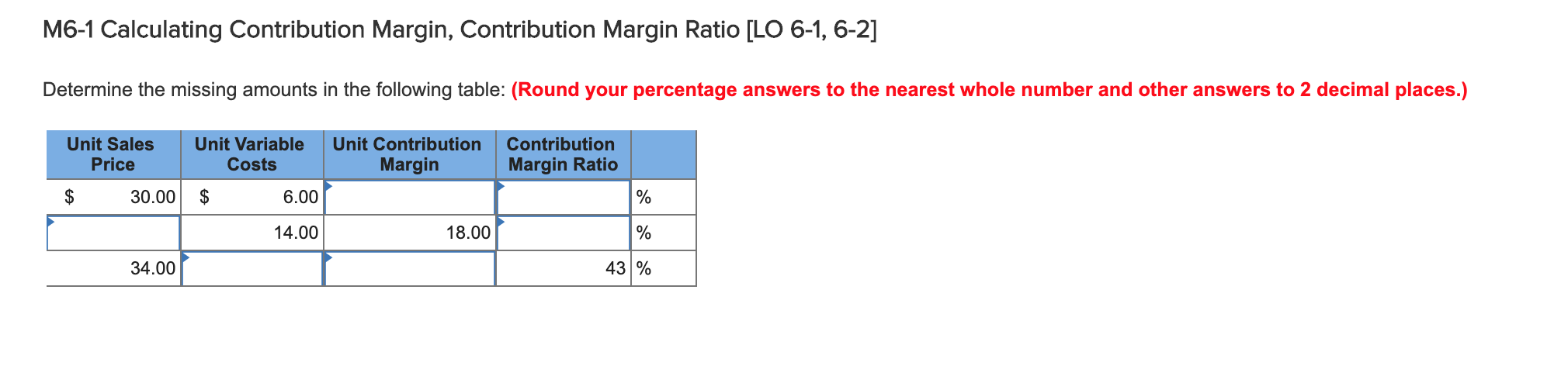  M6-1 Calculating Contribution Margin, Contribution Margin Ratio [LO 6-1, 6-2] Determine