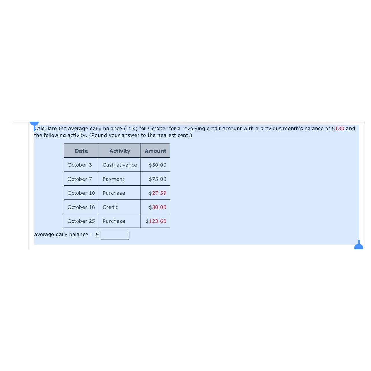  Calculate the average daily balance (in $) for October for a
