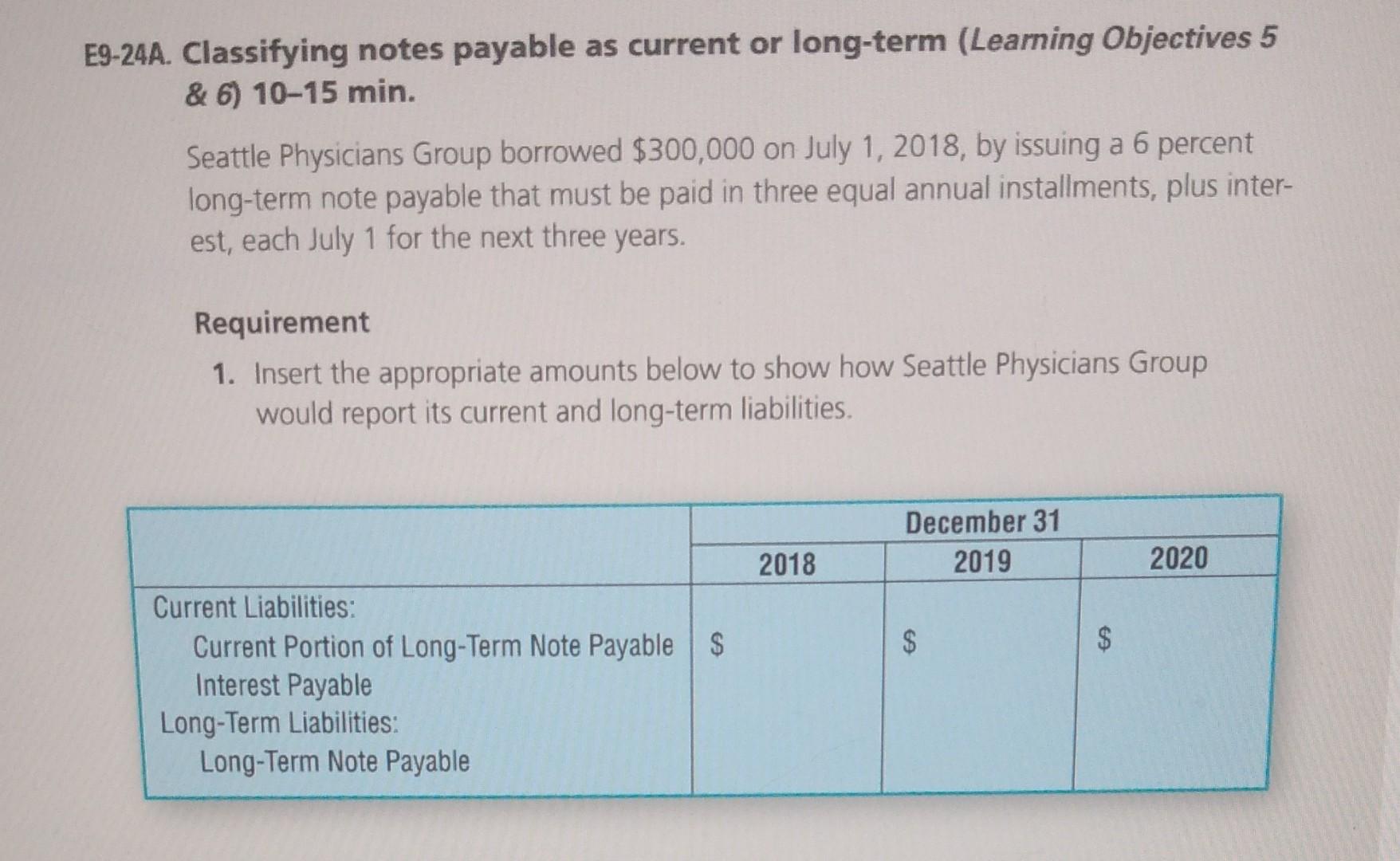 9-24A. Classifying notes payable as current or long-term (Learning Objectives 5