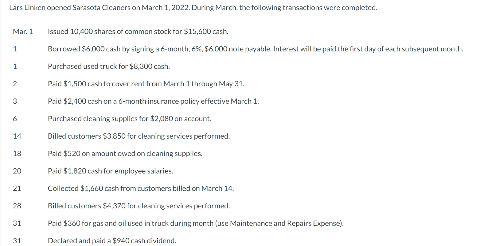 I know it's long but please help. Lars Linken opened Sarasota Cleaners