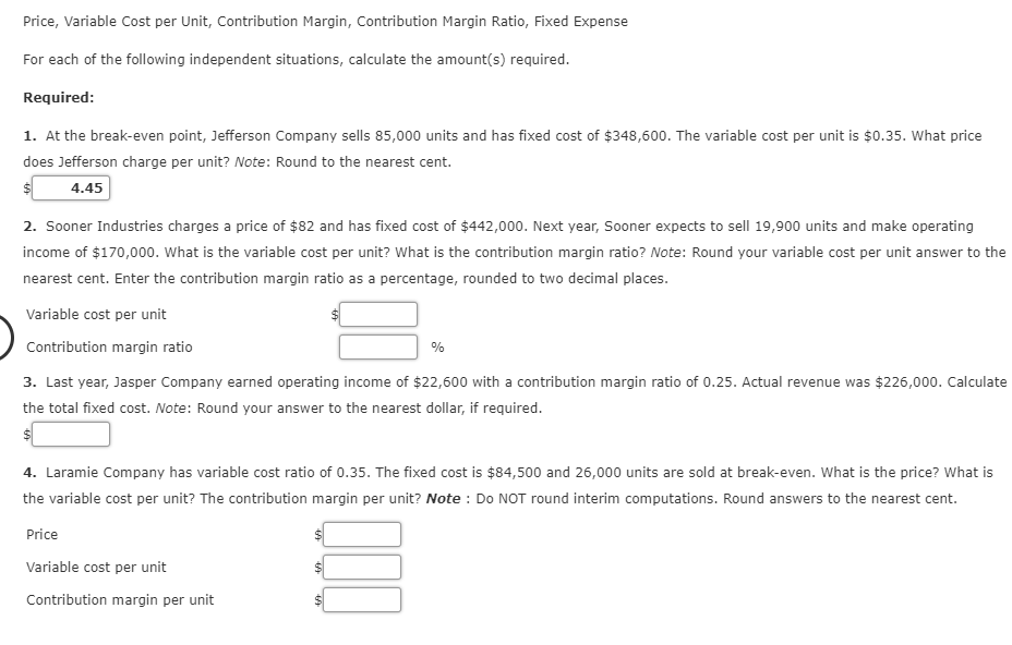  Price, Variable Cost per Unit, Contribution Margin, Contribution Margin Ratio, Fixed