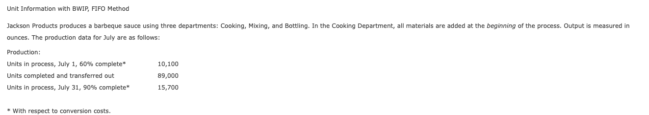 Unit Information with BWIP, FIFO Method Jackson Products produces a barbeque