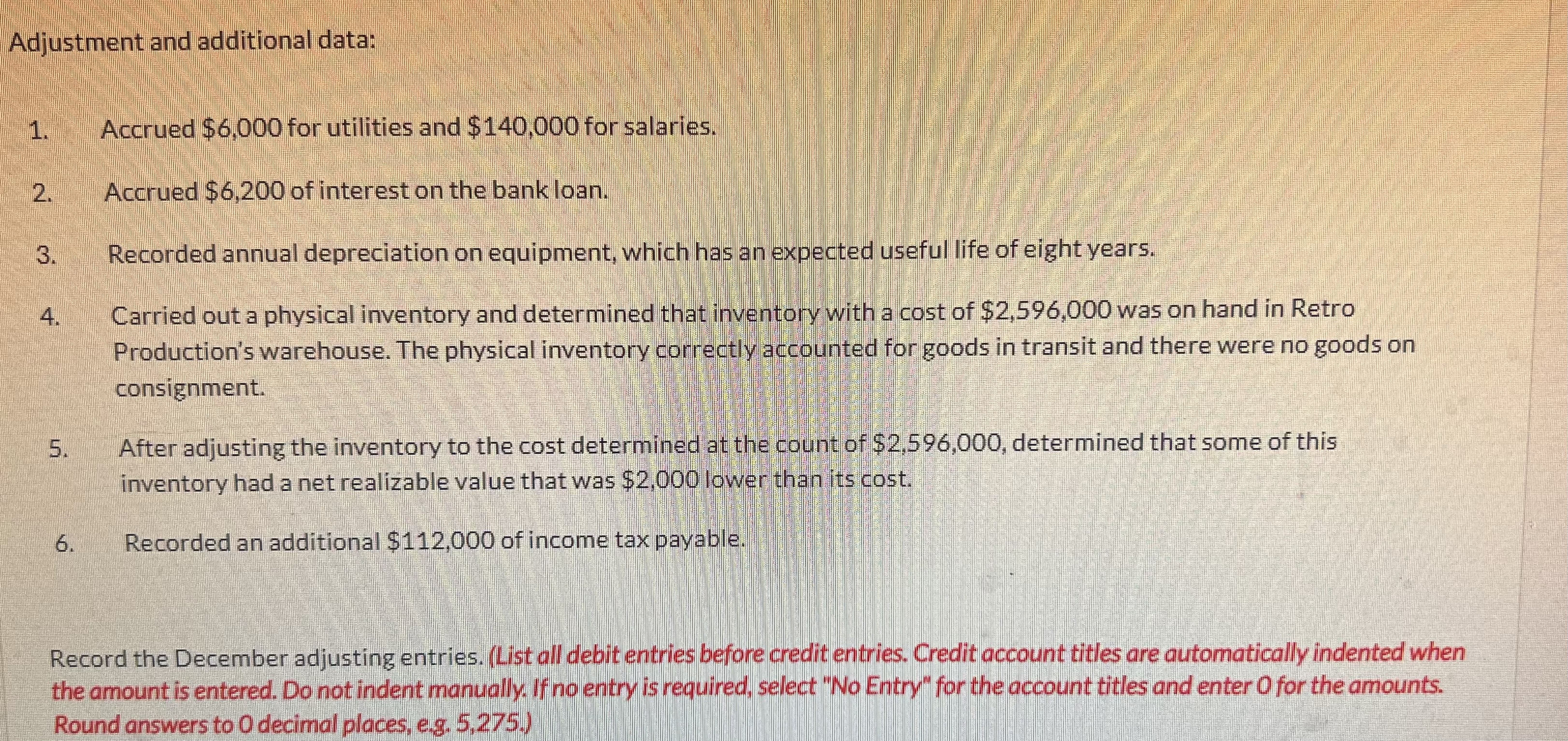  Adjustment and additional data: Accrued $6,000 for utilities and $140,000 for