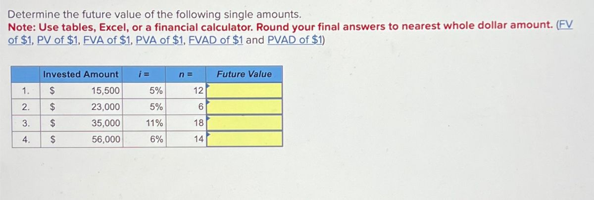  Determine the future value of the following single amounts. Note: Use