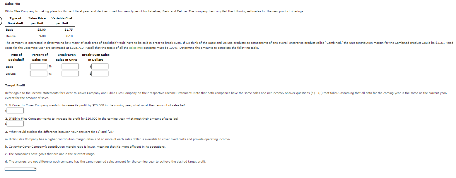 Problem: Cost-Volume-Profit Analysis Cost Behavior 1. Determine whether the costs in the