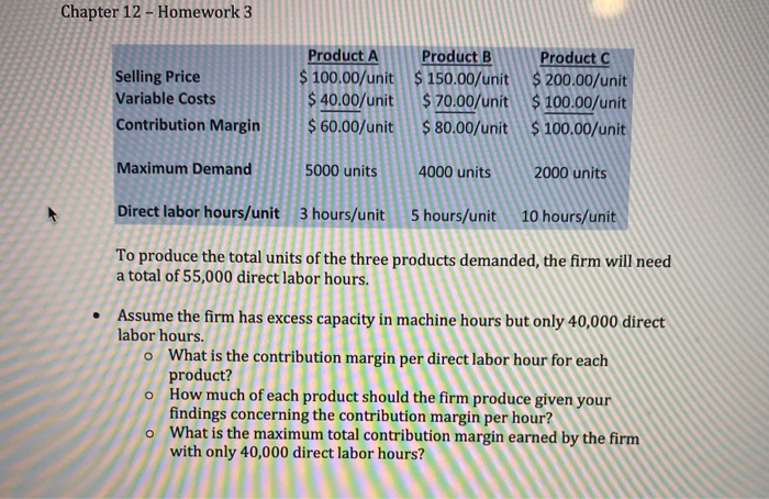  Chapter 12 - Homework 3 Selling Price Variable Costs Contribution Margin