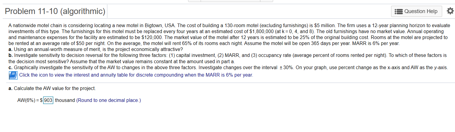 UUSING FORMULA PLZ Problem 11-10 (algorithmic) Question Help A nationwide motel chain