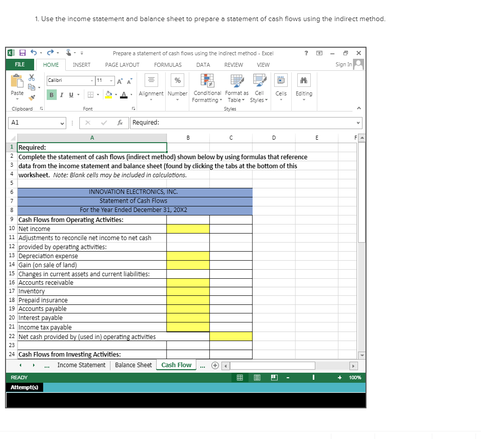 Prepare a statement of cash flows using the indirect method - Excel