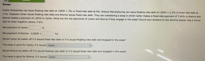  Swaps Carter Enterprises can issue floating-rate debt at LIBOR + 3%