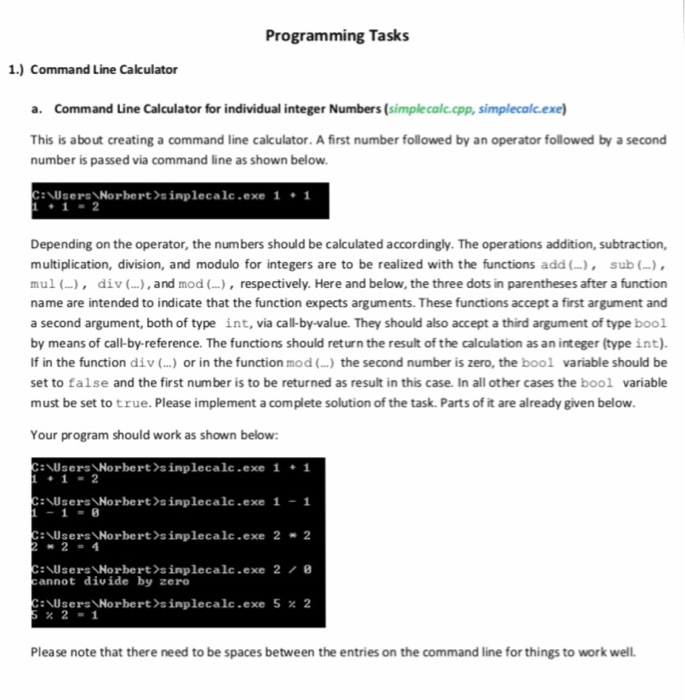  Programming Tasks 1.) Command Line Calculator a. Command Line Calculator for
