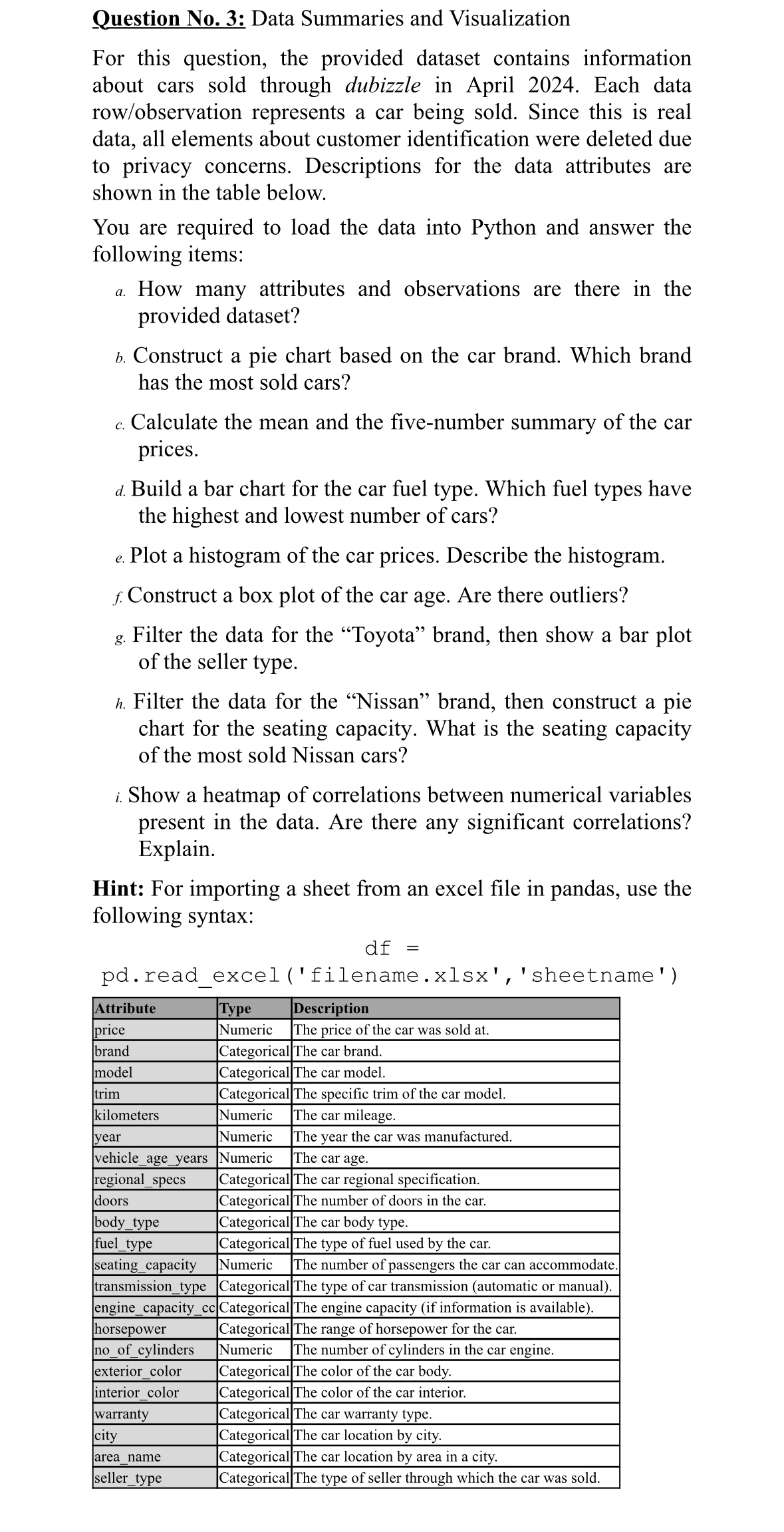  Question No.3: Data Summaries and Visualization For this question, the provided