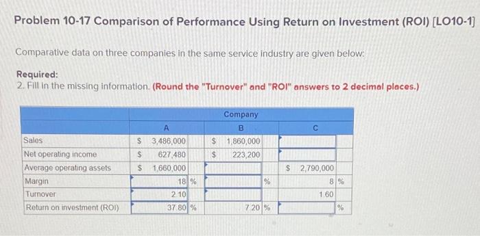  Problem 10-17 Comparison of Performance Using Return on Investment (ROI) (LO10-1]