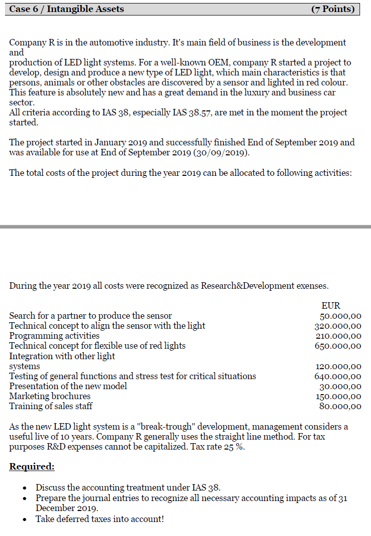  Case 6 / Intangible Assets (7 Points) and Company R is