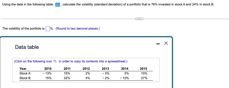  Using the data in the following table, , calculate the volatility