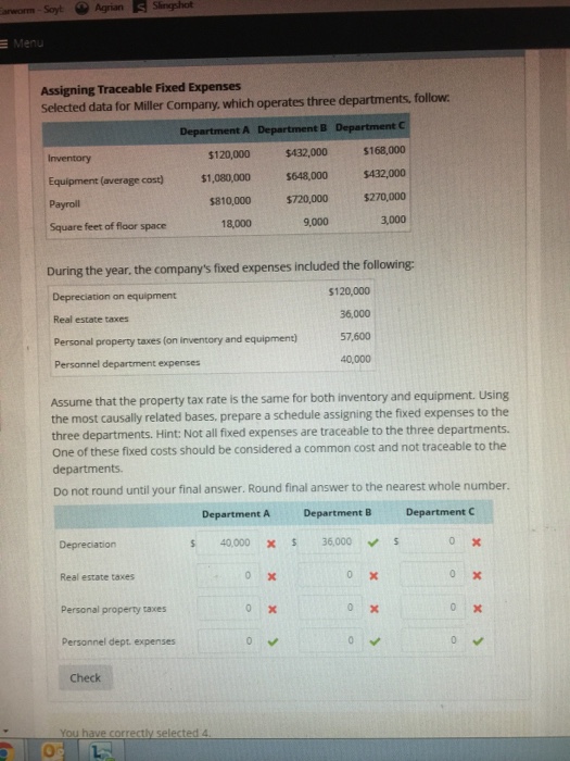  aworm-Soyt AgrianSlingho E Menu Assigning Traceable Fixed Expenses Selected data for