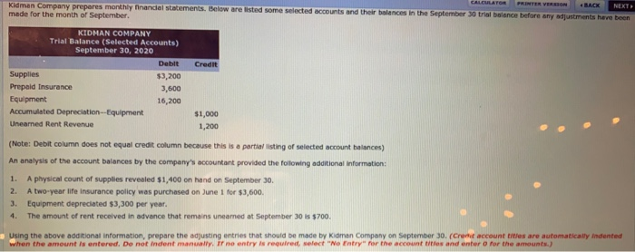  PRINTER VERSION BACK NEXT Kidman Company prepares monthly financial statements. Below