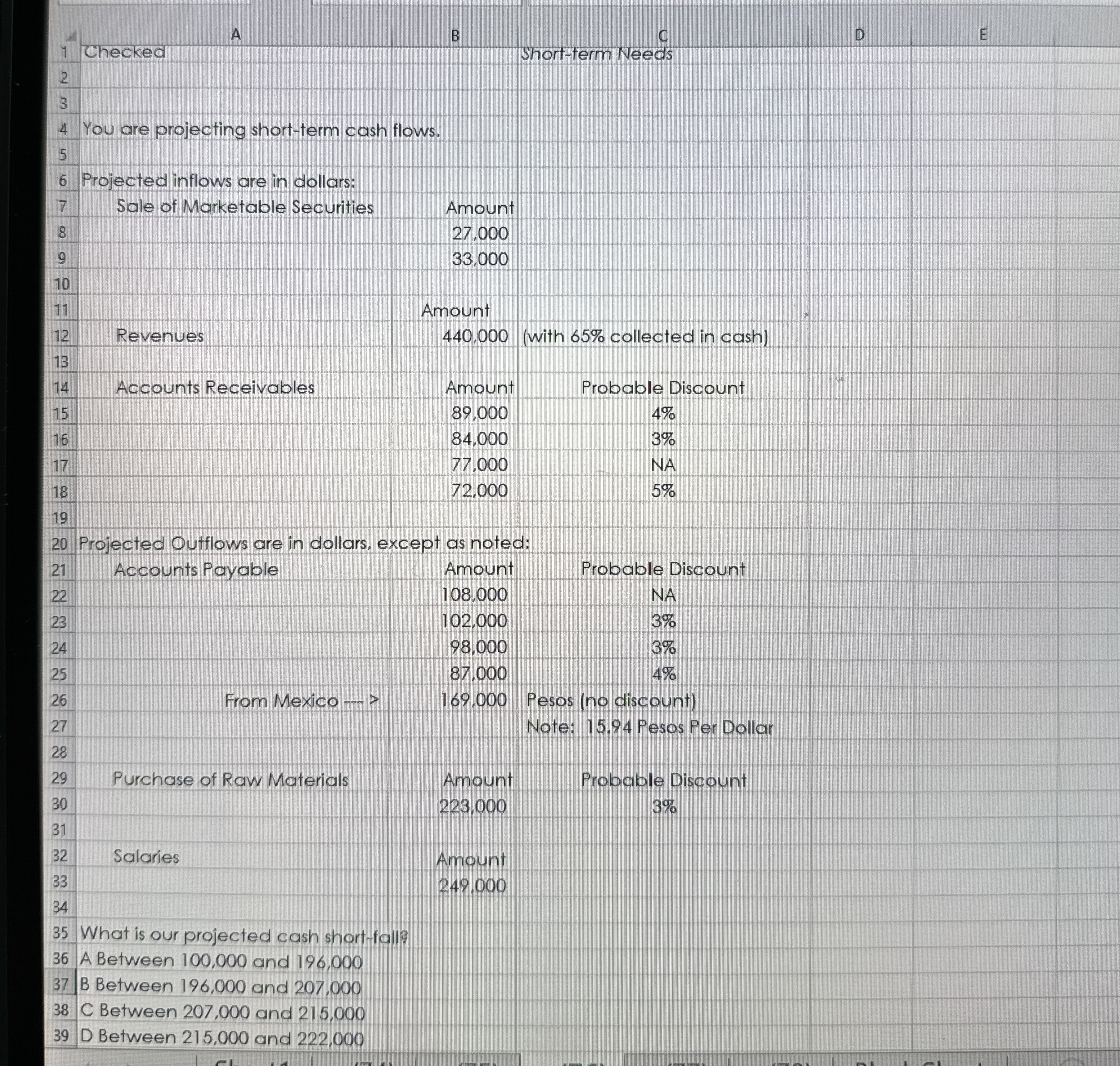  Checked B C D E You are projecting short-term cash flows.