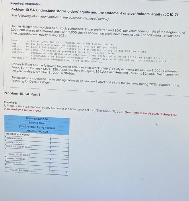  Required information Problem 10-5A Understand stockholders' equity and the statement of