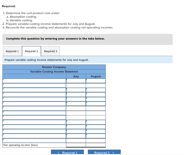 August. 3. Reconcile the variable costing and absorption costing net operating incomes.